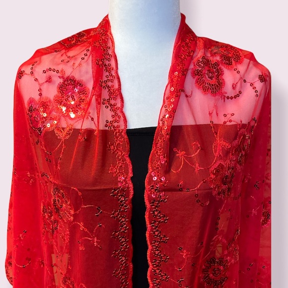 RED Glittering Sequin Fringed Evening Scarf/Shawl Wrap - Picture 4 of 5